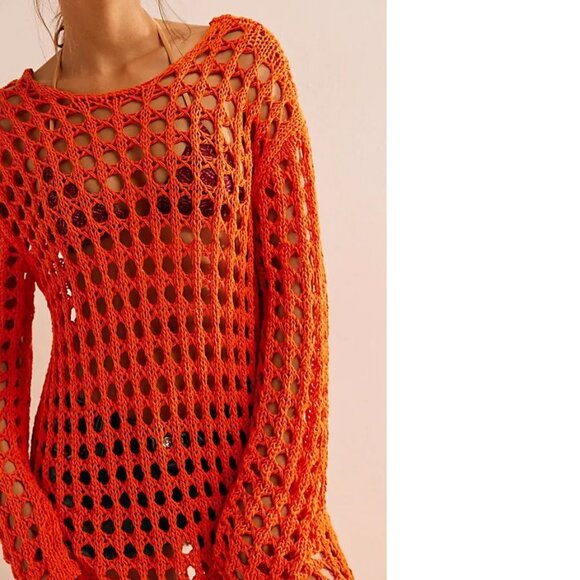 FREE PEOPLE Beach Sahara Sweater Midi Cover up DRESS M L Orange Scarlet Ibis NEW - Picture 2 of 8